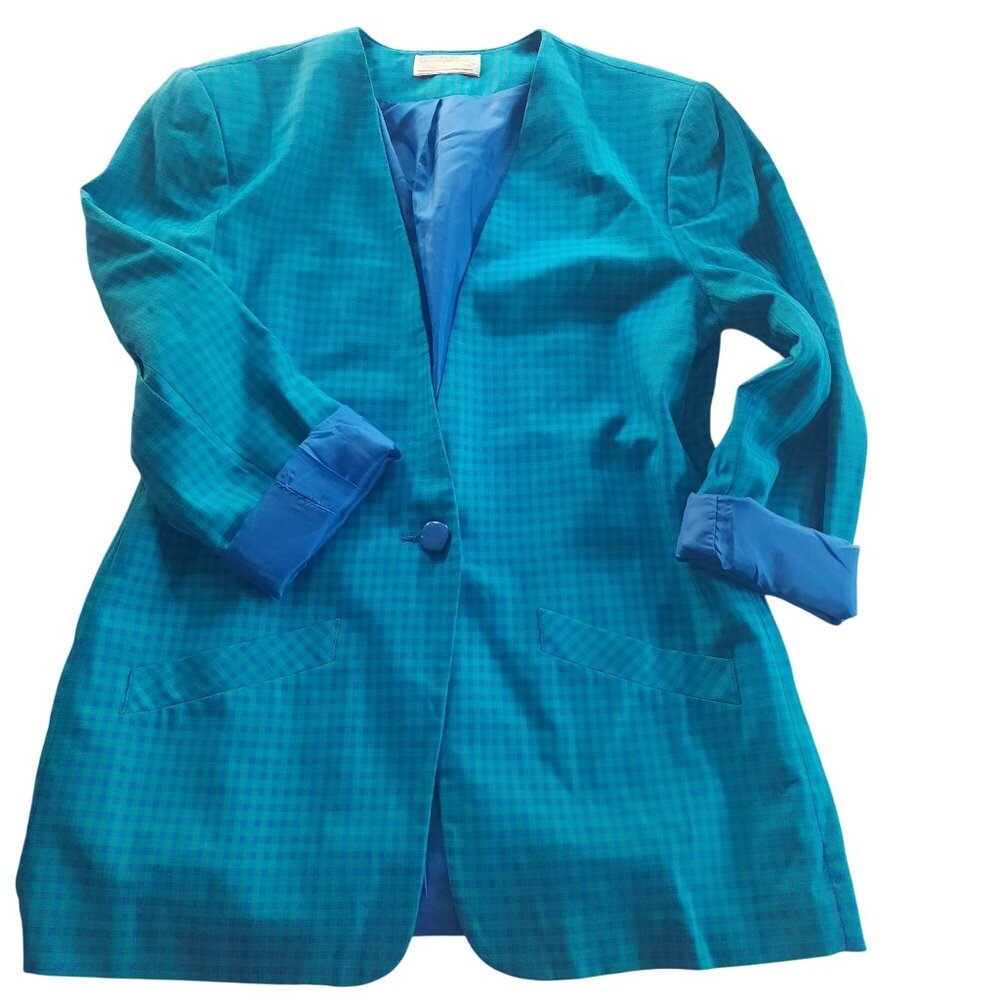 Vintage Pendleton Turquoise Blue Houndstooth Single Button Blazer